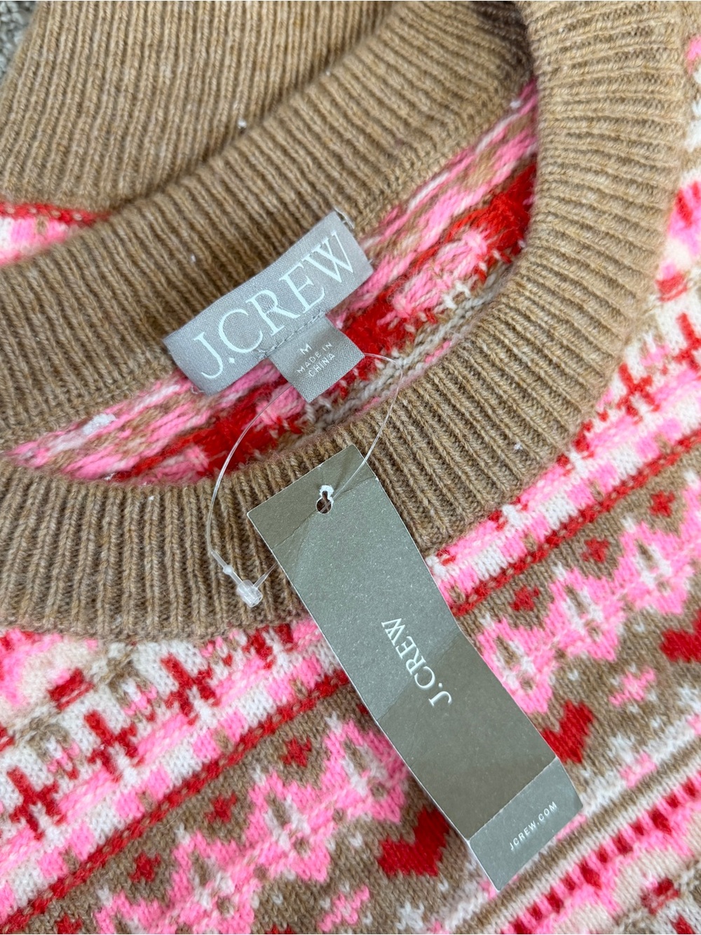 NWT J. Crew Shrunken Fair Isle Crewneck Sweater Lambswool Blend in Pink Brown M - Picture 7 of 10